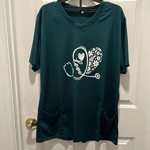 Green Flower Heart Stethoscope Scrub Top Tee